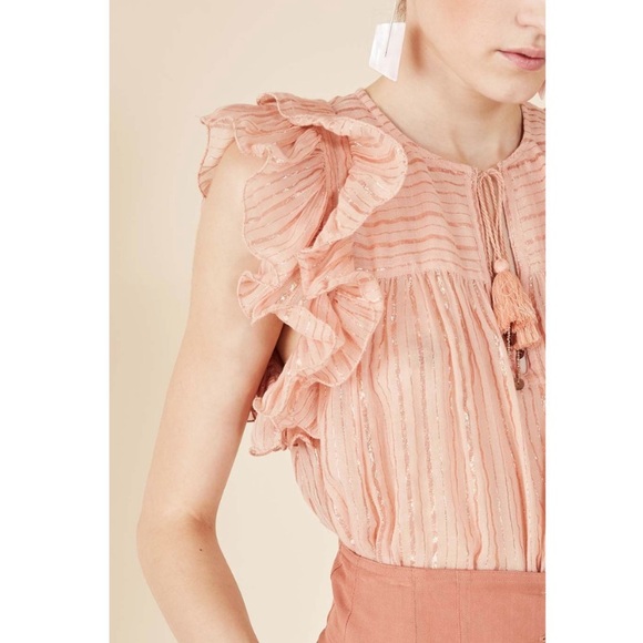 Ulla Johnson Blush Pink Metallic Stripe Ruffle Sleeve Tie Neck Cora Top Blouse - Picture 7 of 14